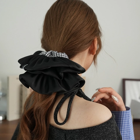 Coletero Grande Satén Doble Capa para Mujer Negro Cuadros Floral Pata de Gallo Patchwork Plisado Lazo Cabello Ponytail Elegante Accesorios Cabello
