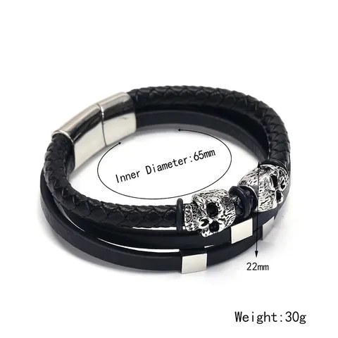 Bracciale da Uomo Punk Rock in Pelle Intrecciata Multistrato Con Ciondoli a Teschio in Lega Argento Chiusura Magnetica Gothic