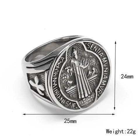 Saint Benedict Medal Ring Retro Titanium Steel Men Signet Ring Exorcism Religious Punk Gothic Cross Relief Finger Jewelry