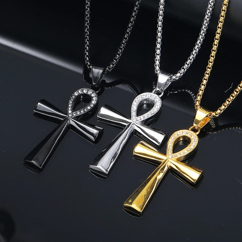Collana con Pendente a Croce Ankh Egiziana in Acciaio al Titanio Uomo Vintage Punk Strass Intarsiato Gioielli Hip Hop