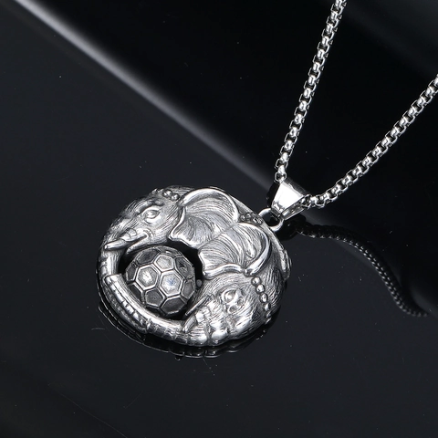 Retro Titanium Steel Elephant Soccer Pendant Necklace Men Punk Hip Hop Distressed Vintage Animal Ball Pendant Jewelry
