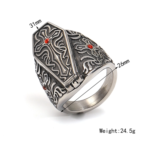 Gothic Stainless Steel Coffin Ring For Men Punk Hip Hop Cross Design With Red Rhinestone Retro Aged Biker Finger Jewelry Gift