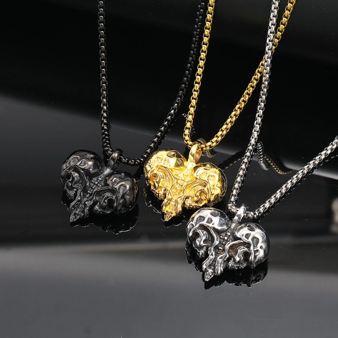 Creative Punk Heart Skull Pendant Titanium Steel Necklace Gothic Dark Style Hollow Carved Pendant Men Women Jewelry Gift
