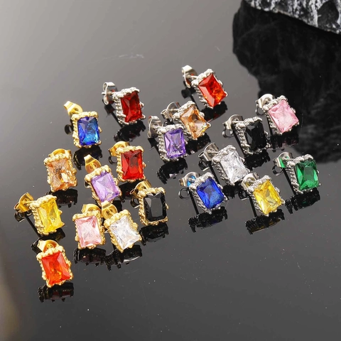 Boucles d'Oreilles Puces en Acier Titane Strass Rectangulaire Carré pour Femmes Hommes Texture de Lave Minimaliste Pièce Unique Bijoux de Mode