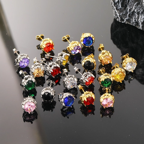 Pendientes de Botón de Acero de Titanio con Zirconia Retro Engaste Geométrico Oro Plata para Mujer Hombre Joyería