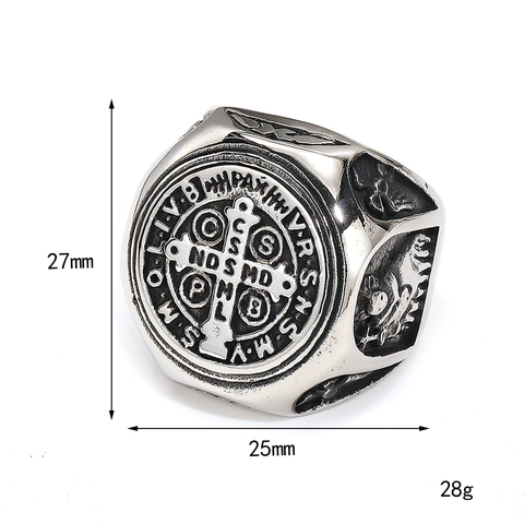 Chevalière Médaille Saint Benoît Vintage pour Hommes Acier Inoxydable Croix Religieuse Relief Punk Hip Hop Bijoux Mode