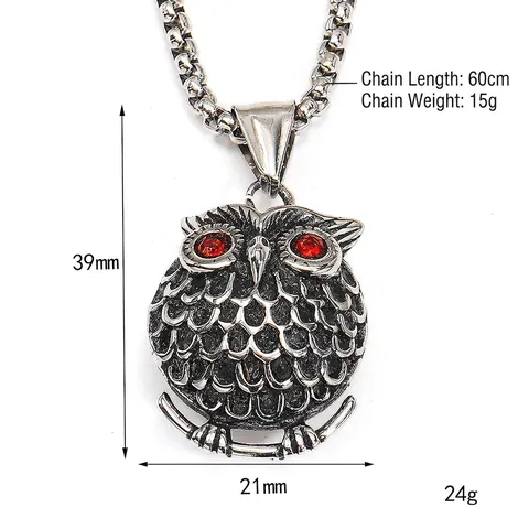 Collana con Ciondolo a Forma di Gufo in Acciaio al Titanio Punk Vintage Con Intarsio di Strass Rossi Gioielli Hip Hop Uomo Donna
