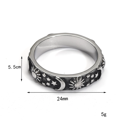 Anello in Acciaio al Titanio Vintage con Rilievo Sole Luna Stelle Punk Gotico Distressed Unisex Moda Celestiale Anello Gioielli