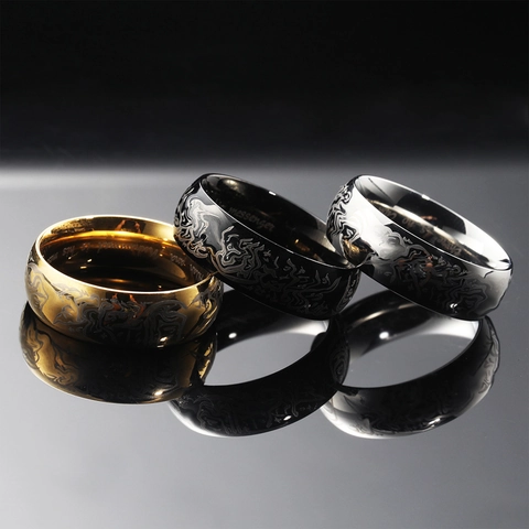 Men's Retro Hip Hop Stainless Steel Band Ring Wide Polished Engraved Messenger Lettering Dragon Pattern Gold Black Silver Rings