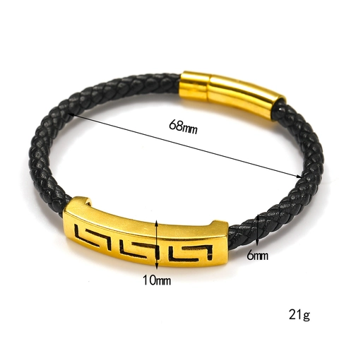Men's Woven Leather Bracelet Gold Titanium Steel Greek Key Pattern Retro Fashion Magnetic Clasp Hand Rope Trendy Wristband Jewelry