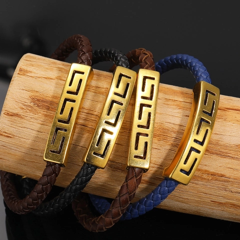 Men's Woven Leather Bracelet Gold Titanium Steel Greek Key Pattern Retro Fashion Magnetic Clasp Hand Rope Trendy Wristband Jewelry