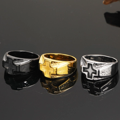 Anello da Uomo in Acciaio al Titanio con Croce Punk Vintage Anello con Sigillo Religioso Gotico Hip Hop Gioielli Regalo