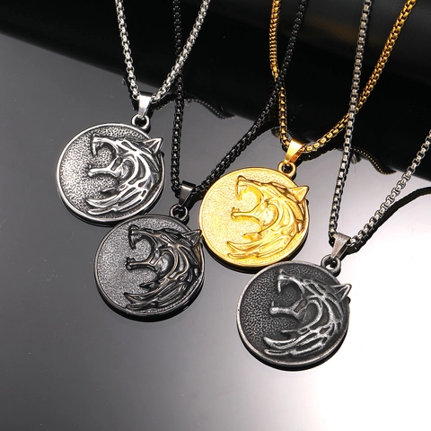 Collana con Ciondolo Testa di Lupo Vichingo Retrò per Uomo in Acciaio al Titanio Ciondolo Medaglione Hip Hop Senza Catena
