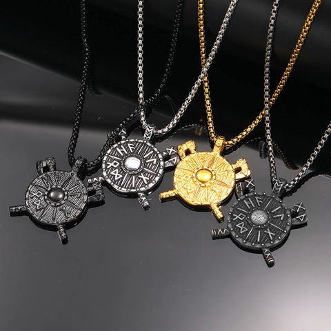 Retro Viking Shield Battle Axe Pendant Necklace For Men Stainless Steel Nordic Runes Gothic Punk Style Jewelry Gift