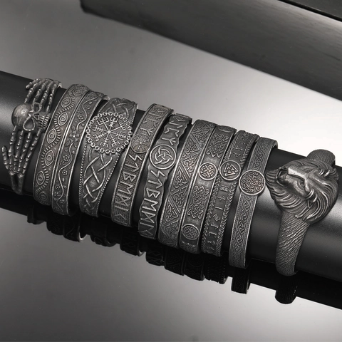 Nordic Viking Stainless Steel Cuff Bangle Retro Antique Silver Rune Compass Lion Head Skull Geometric Open Bracelet For Men