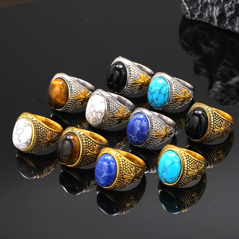 Vintage Titanium Steel Men Ring Retro Oval Tiger Eye White Turquoise Bohemian Punk Jewelry Electroplated Statement Finger Ring