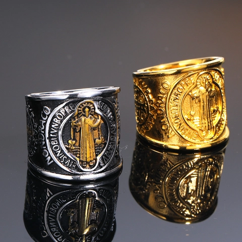 Vintage St. Benedikt Medaille Exorzismus Ring Für Herren Titanstahl Punk Religiös Gotisch Breiter Band Retro Schmuck Geschenk