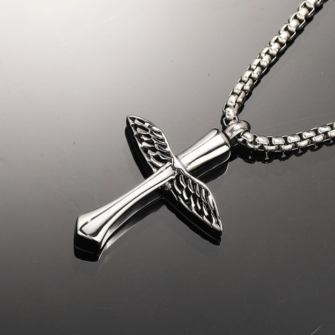 Stainless Steel Wings Cross Urn Necklace For Ashes Cremation Memorial Jewelry Keepsake Pendant For Men Women