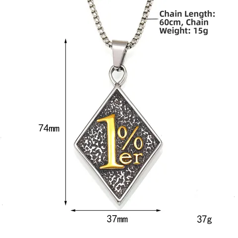 Men's Vintage Stainless Steel 1%er Rhombus Pendant Necklace Hammered Texture Biker Punk Style Fashion Jewelry