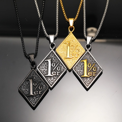 Men's Vintage Stainless Steel 1%er Rhombus Pendant Necklace Hammered Texture Biker Punk Style Fashion Jewelry