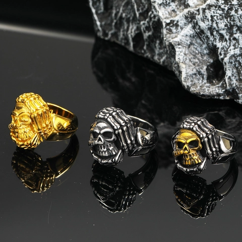 Vintage Punk Gothik Totenkopf Ring Titanstahl Herren Hip Hop Skelett Hand Zweifarbig Gold Silber Fingerring Schmuck Geschenk