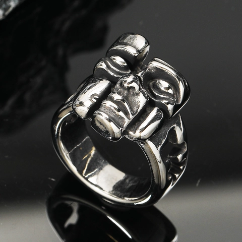 Anello in Acciaio al Titanio Punk Retrò Maschera a Faccia Divisa Astratta Stile Industriale Gotico Gioielli Hip Hop