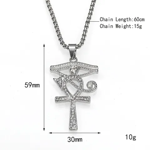 Ancient Egypt Style Titanium Steel Ankh Cross Necklace With Eye Of Horus Pave Rhinestone Religious Retro Hip Hop Pendant
