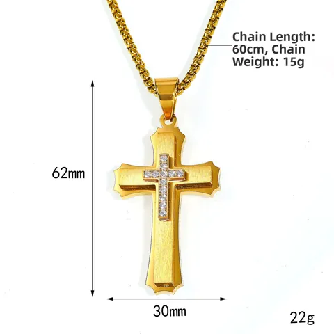 Hip Hop Roestvrij Stalen Drielaags Kruis Hanger Ketting Voor Mannen Punk Sieraden Accessoire Strass Ingelegd Cadeau