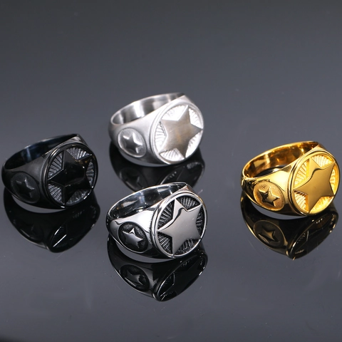 Vintage Pentagram Star Signet Ring For Men Titanium Steel Punk Hip Hop Round Plate Statement Ring Biker Jewelry Gift