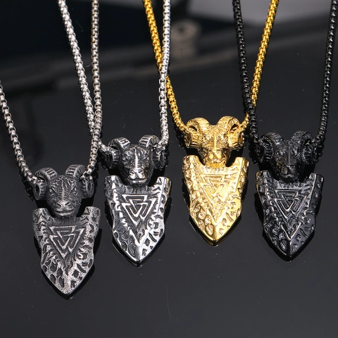 Viking Ram Head Shield Pendant Necklace Men Punk Gothic Titanium Steel Jewelry Vintage Antique Ram Totem Pendant Jewelry
