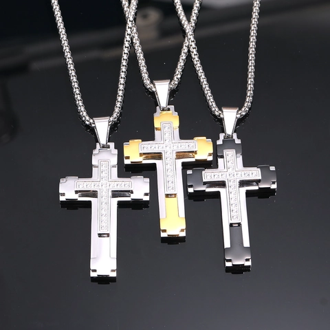 Collar con Colgante de Cruz de Circonia Bicolor de Acero de Titanio Punk para Hombre Joyería de Hip Hop de Tendencia Personalizada de Gama Alta