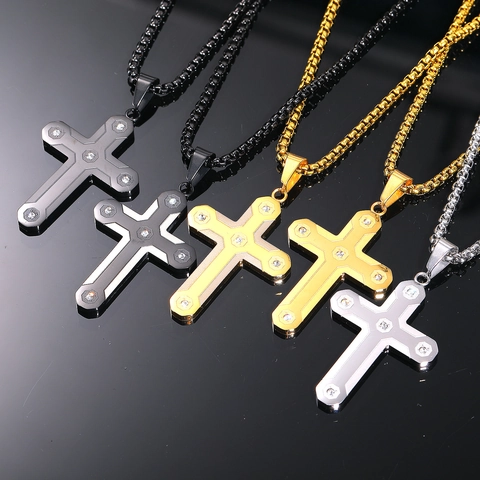 Men's Punk Hip Hop Titanium Steel Cross Pendant Necklace With Rhinestone Inlay Camouflage Carbon Fiber Box Chain Jewelry