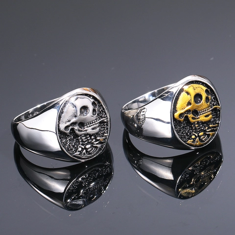 Vintage Gothic Skull Titanium Steel Ring For Men Personalized Punk Biker Signet Ring Two Tone Gold Silver Jewelry