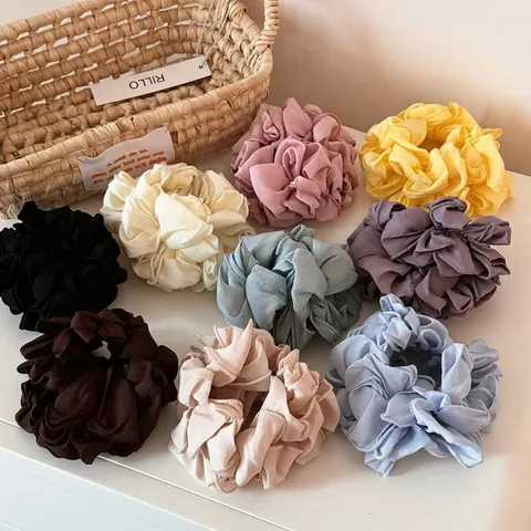 Women Sweet Chiffon Scrunchies Solid Morandi Colors Large Pleated Hydrangea Shape Hair Ties Elastic Ponytail Holders Accessories