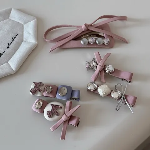 Elegant Pink Satin Bow Hair Clip With Rhinestones Artificial Pearls Korean Style Sweet Flower Star Heart Duckbill Clip For Women