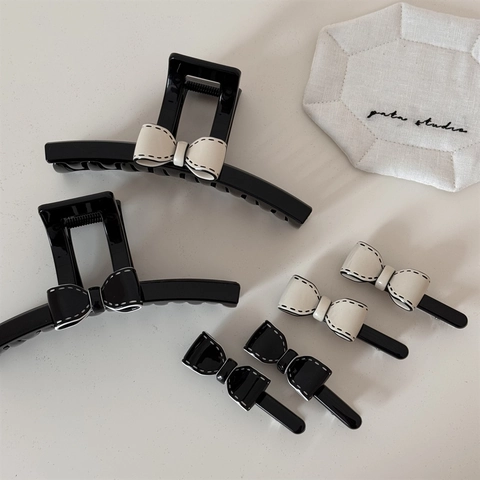 Elegante Pinza Para El Pelo Con Lazo Acrílico Acetato Clip Tiburón Minimalista Negro Blanco Color De Contraste Accesorios