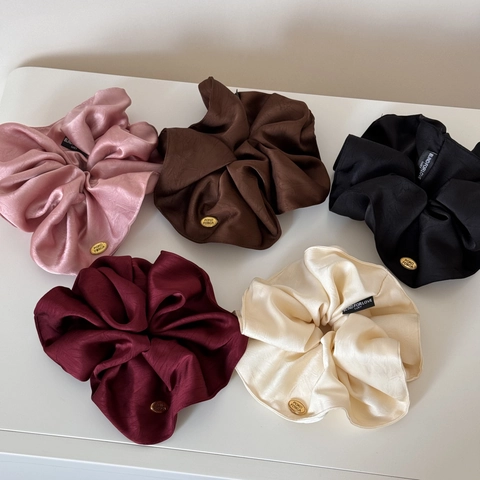 Coletero de Satén de Estilo Coreano Grande Color Crema Goma para el Pelo Elástica Banda para el Cabello Etiqueta Dorada Diadema Accesorios para el Cabello para Mujer