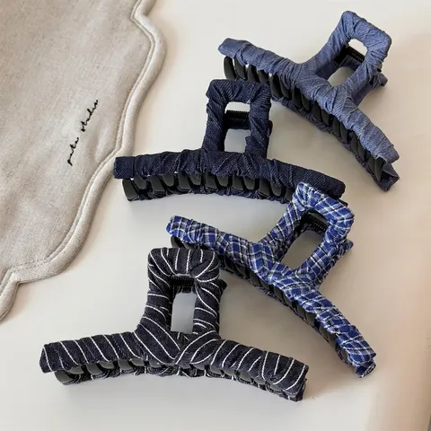 Vintage Denim Fabric Wrapped Hair Claw Clip Striped Plaid Shark Clip For Women Thick Hair Casual Hair Accessories