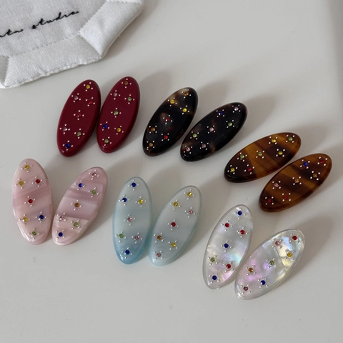 Fermaglio per Capelli in Fibra di Acetato Ovale Coreano con Strass per Donna Fatto a Mano Elegante Clip Laterale a Becco d'Anatra Accessori Moda per Capelli