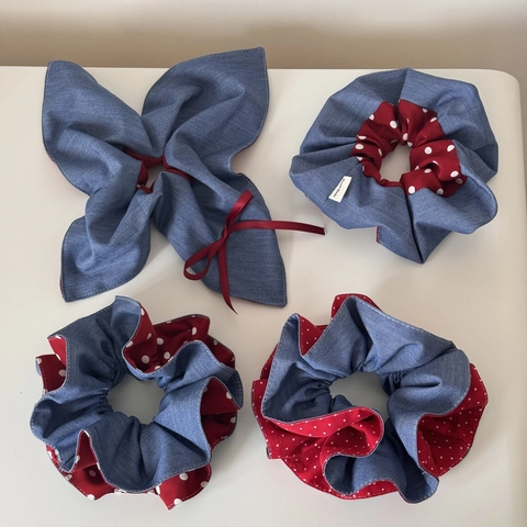 Dolce Stile Coreano Denim Patchwork Pois Rossi Fatto a Mano In Tessuto Scrunchie Fermacapelli Preppy Per Donna Ragazza
