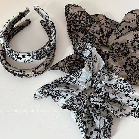 Vintage Paisley Floral Fabric Headband Large Scrunchie Hair Tie French Style Chiffon Padded Hair Accessory Women Elegant Headwear