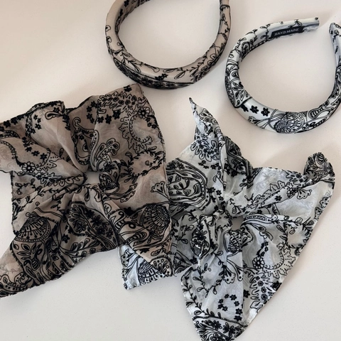 Vintage Paisley Floral Fabric Headband Large Scrunchie Hair Tie French Style Chiffon Padded Hair Accessory Women Elegant Headwear