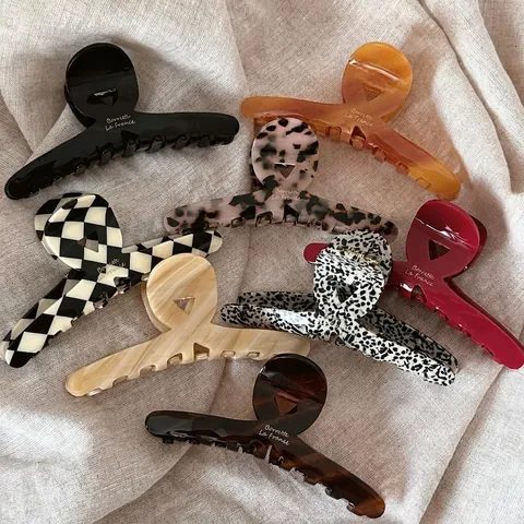 Pince à Cheveux en Acétate Vintage Français Grande Pince Requin Impression Lettres Élégante Imprimé Léopard Damier Accessoires Cheveux Femme