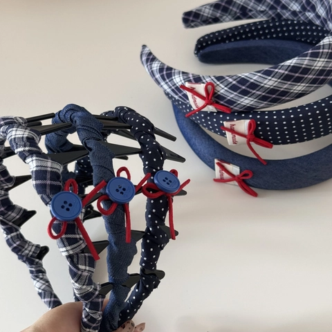Navy Blue Plaid Polka Dot Bow Headband For Women Vintage Denim Fabric Hair Band With Button And Handmade Label Hair Hoop