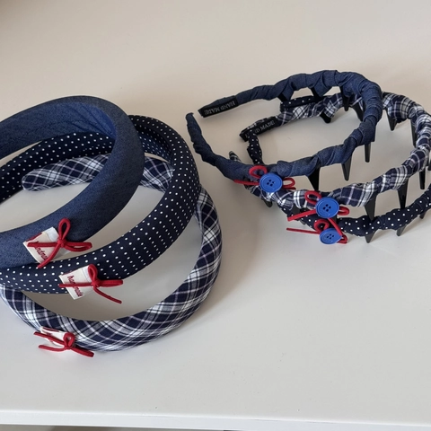 Navy Blue Plaid Polka Dot Bow Headband For Women Vintage Denim Fabric Hair Band With Button And Handmade Label Hair Hoop