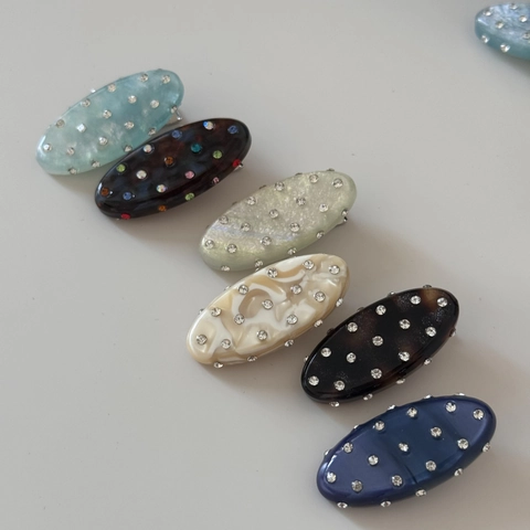 Barrette à Cheveux Ovale en Alliage d'Acétate Fait à la Main avec Strass pour Femme Style Coréen Doux Motif Marbré Écaille
