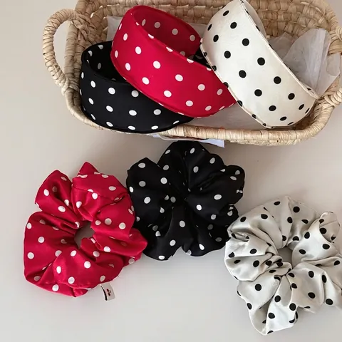 Vintage Polka Dot Satin Haarschmuck Set Für Damen Retro Große Scrunchies Und Gepolsterte Stirnbänder Rot Schwarz Weiß Mode Haar Styling Tools