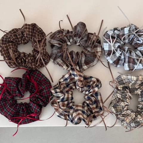Ballet Style Plaid Checkered Scrunchies With Long Ribbon Bow Sweet Cotton Hair Ties Vintage Fabric Elastic Hair Band For Women
