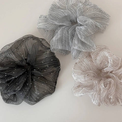 Women Oversized Seersucker Scrunchies Sparkly Rhinestone Pleated Hair Tie Elegant Striped Bubble Yarn Elastic Hair Band Accessories