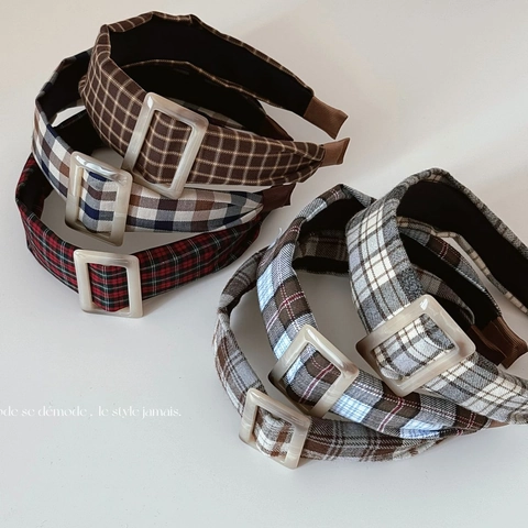 Vintage Plaid Fabric Wide Headband With Large Square Resin Buckle Academic Style Retro Hair Band For Women Girls Fashion Hair Accessory